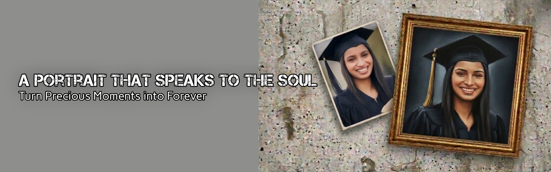 Custom graduation portrait painting showing photo‑to‑art transformation in framed display.